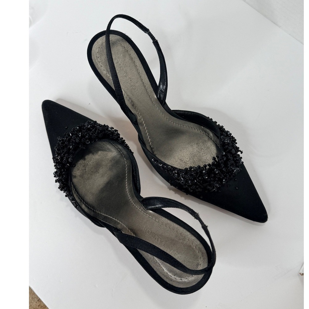 Slingback 6M Black Beaded Satin Pointed Toe Kitten Heel Whimsigoth Y2K Formal - Picture 9 of 11